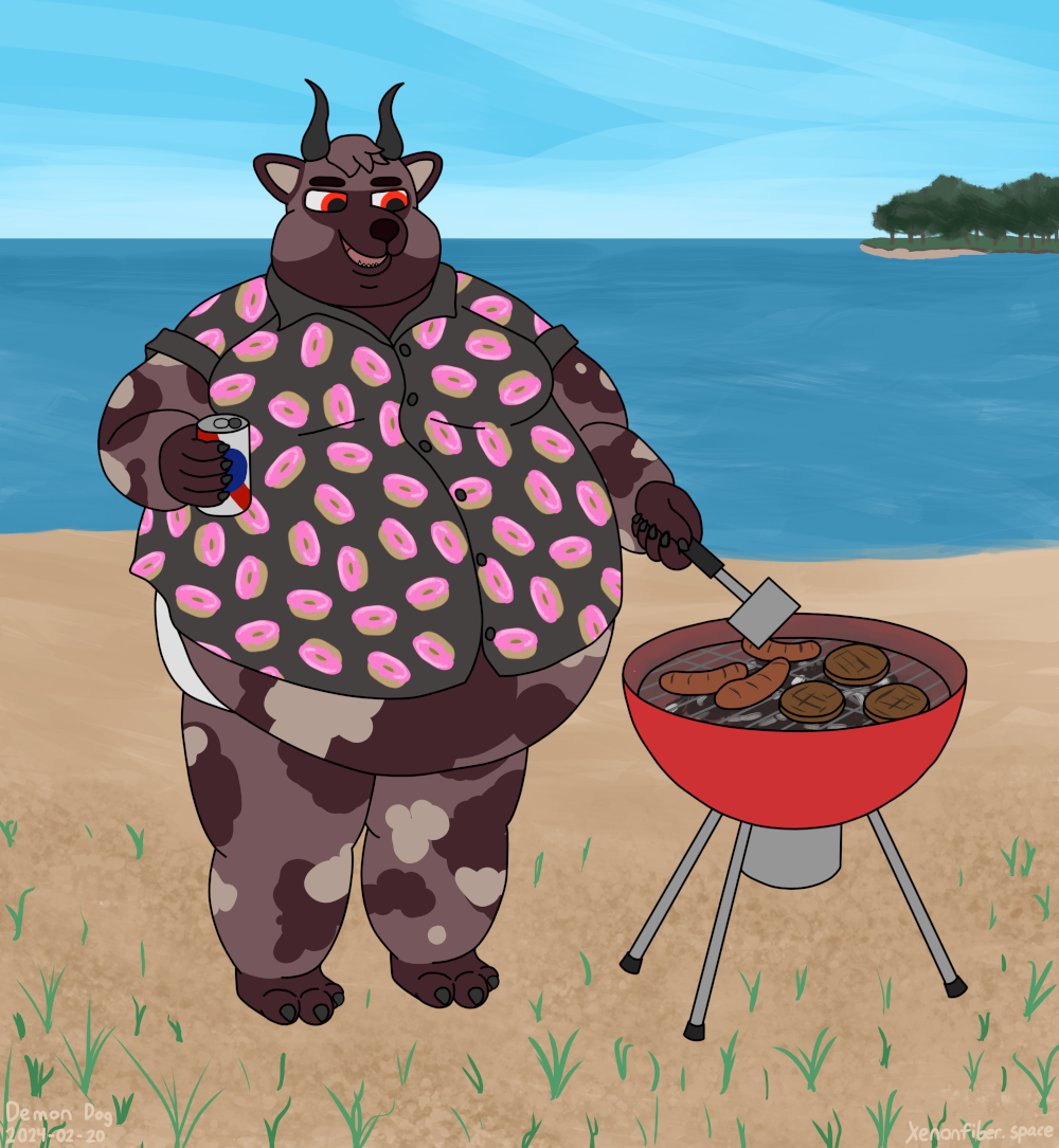 A very fat demon dog grilling and drinking beer on the beach. He's wearing a black, short sleeve button up with a donut pattern and a white swim brief. His belly hangs out of his shirt and over the front of his swim brief. He's smiling excitedly at the hot dogs and burgers he's cooking over charcoal.