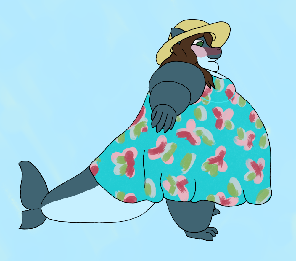 A very fat, femboy shark looking shy. He's blue-grey and white, with brown, shoulder-length hair. His eyes are green. He's wearing a yellow sundress, and a sun hat with a pink ribbon.