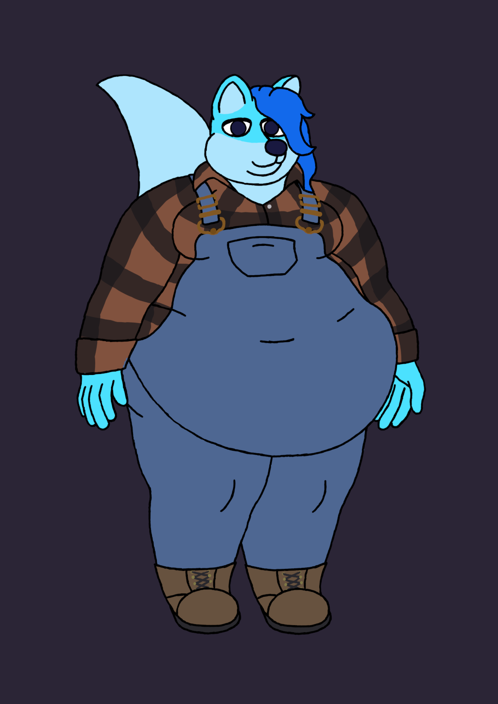 A very fat, blue slime fox. They're wearing a brown flannel under blue overalls and brown boots. They have moobs, not boobs, which have never been estrogenated..