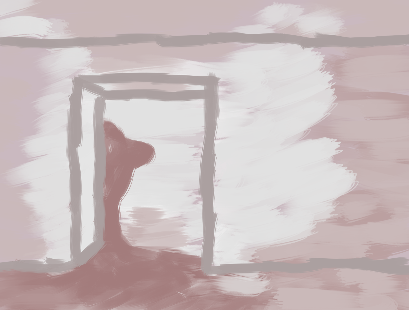 A digital painting. It's a hazy doorway formed with a shaky outline. The scene is colored and textured with the same haze. A creacher is coming into the doorway and spilling into the room.