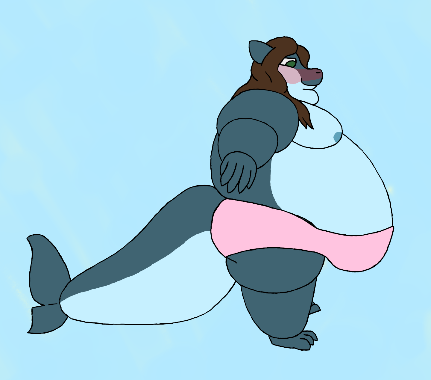 A very fat femboy shark wearing nothing but pink panties. He's smiling and blushing while looking like he's viewing himself in a mirror.