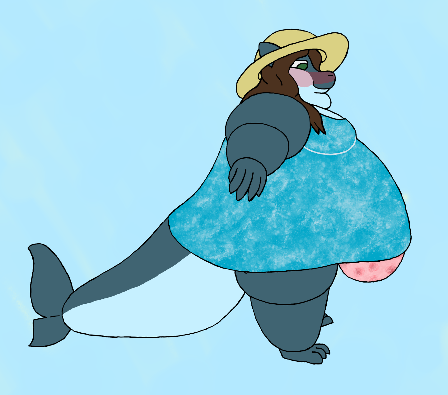 A very fat femboy shark wearing a blue, marbled swim dress. He's also wearing a pink floral swim bottom to contain the belly that his dress doesn't cover, and a sun hat. He's smiling and blushing while looking like he's viewing himself in a mirror.