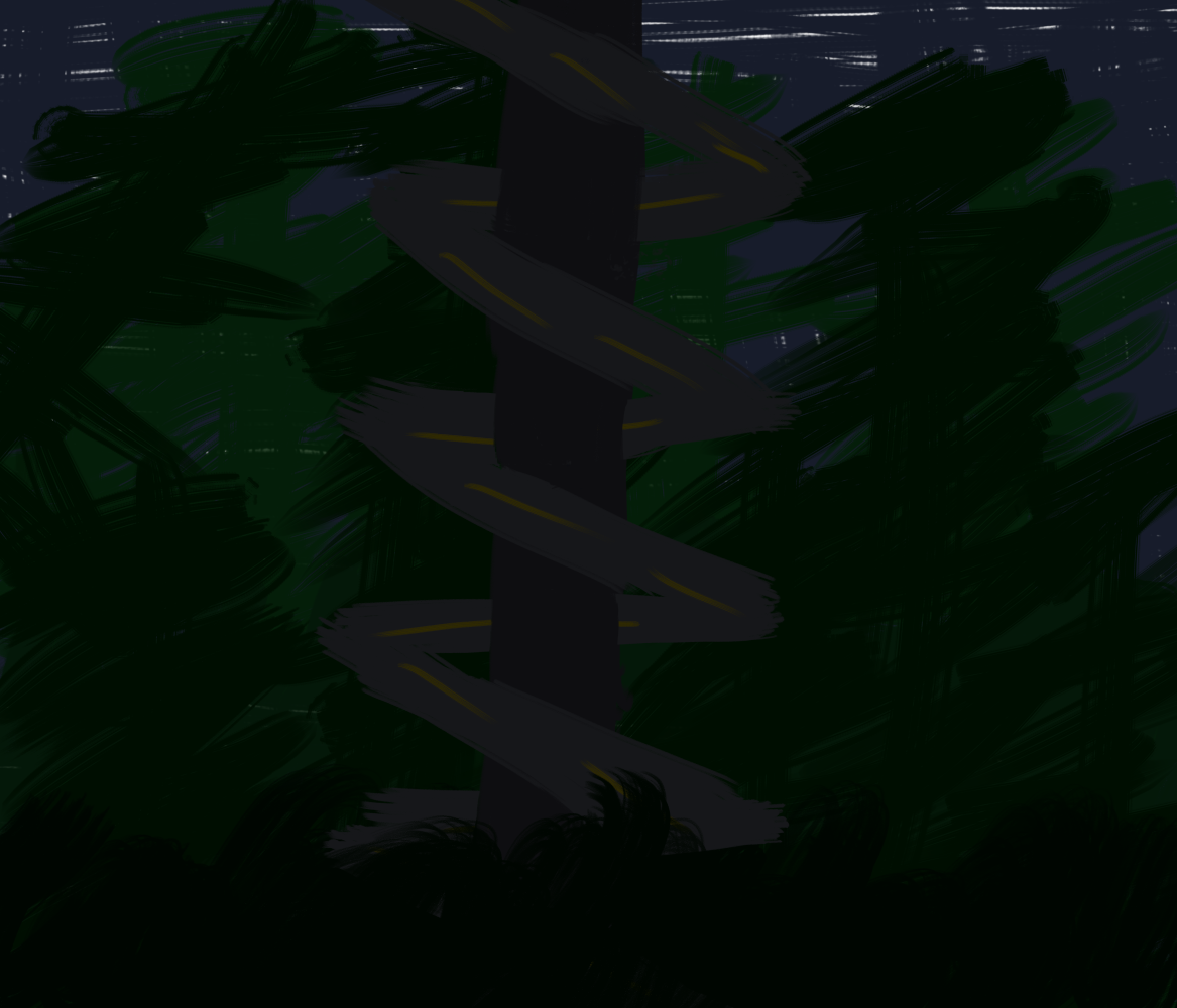A digital painting made up of sharp brush strokes. It is a dense forest with foliage everywhere. The sky is dark, and it may be foggy. The center of the painting is a road spiraling up a vertical structure.