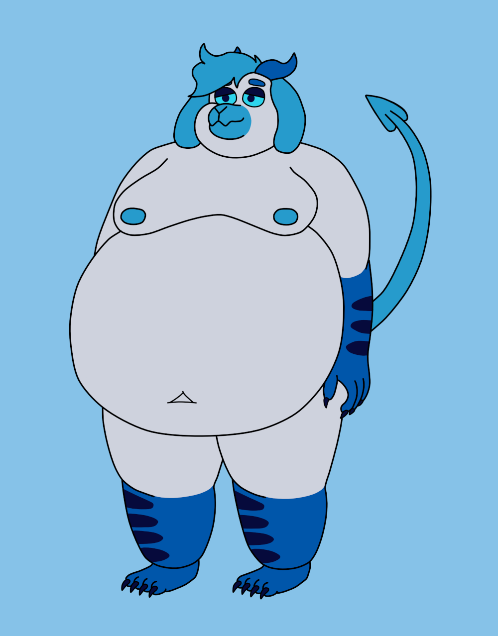 Front view of a very fat goat guy. He has short blue hair and a greyish-white coat. His ears are floppy.
