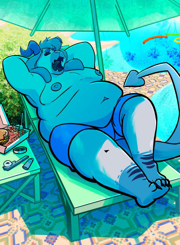 A very fat goat guy on a lounge chair by a pool, mostly shaded by an umbrella. There's a burger and fries, and a grinder, pipe, and lighter on the table next to him. He's wearing swim trunks and snoring.