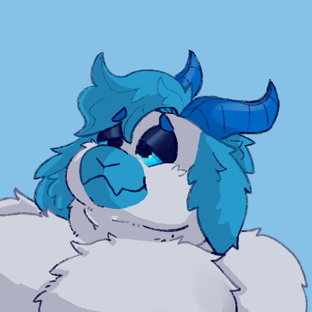 A headshot of a very fat demon goat guy. He has very light, grey fur, light blue hair, muzzle, ears, and eyes, and dark blue horns.