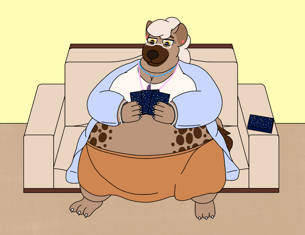 A very fat, older, hyena lady doing a three card tarot draw on the couch. Her deck is on the arm of the couch. She's wearing a sea blue cardigan, a creamy white sports bra, and an orange skirt. She has white, half-lens reading glasses, an assortment of crystal bead necklaces and bracelets, and an amethyst necklace. She looks content.