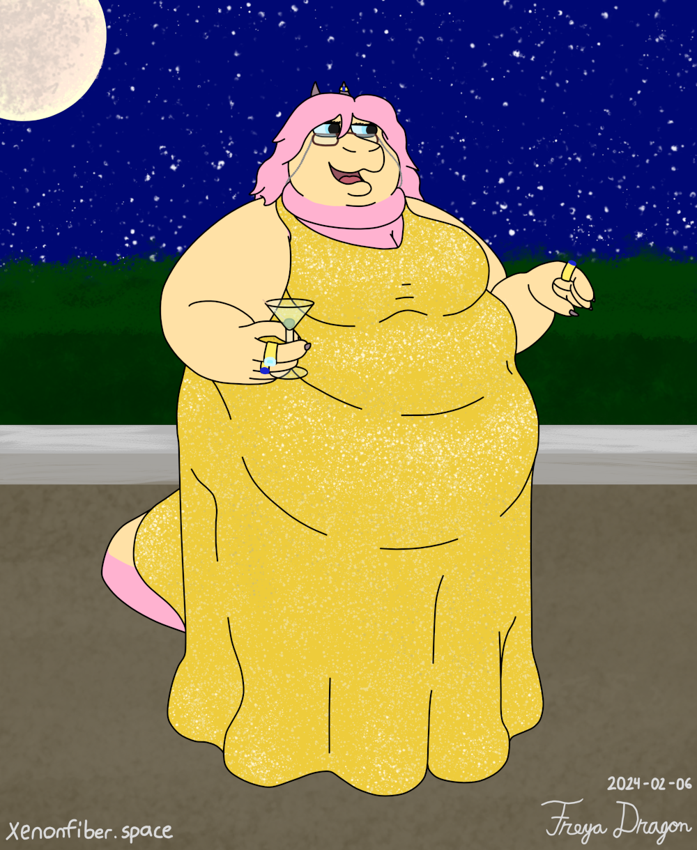 A drawing of a proudly obese dragoness. She is wearing a sequined, golden, floor-length dress and holding a martini. She has reading glasses with a chain and an assortment of gold jewelry with diamond and sapphire gemstones. She appears to be in conversation. The background consists of a maintained line of bushes and the night sky with a full moon.