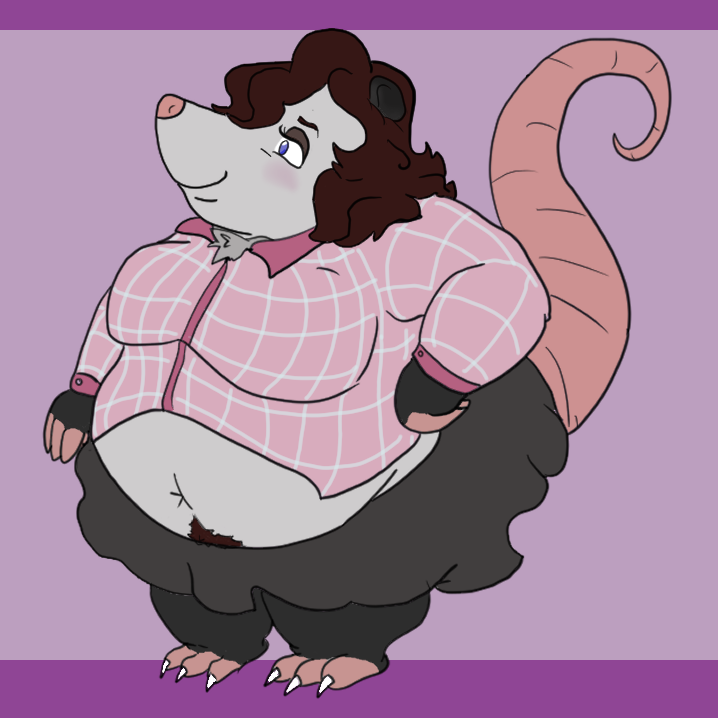 A very fat, shortstack, opossum lady from the front. She has reddish-brown hair and blue eyes. She's wearing a pink flannel and black skirt. Her flannel is untucked, and her belly is hanging over her skirt.