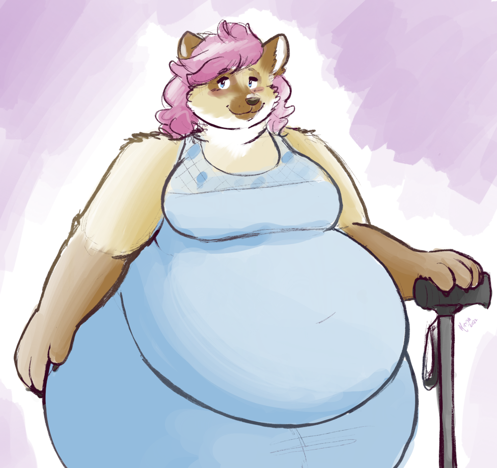 A very fat, raccooncat lady with creamy-brown fur and pink hair down to her shoulders. She's wearing a midi-dress and standing with her cane. Her eyes are a light green, and her dress is an light blue.