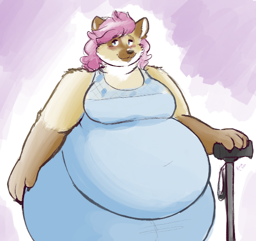 A very fat, raccoon cat lady, with creamy-brown fur, and pink hair down to her shoulders. She's wearing a midi-dress, and standing with her cane. Her eyes are a light green, and her dress is an light blue.