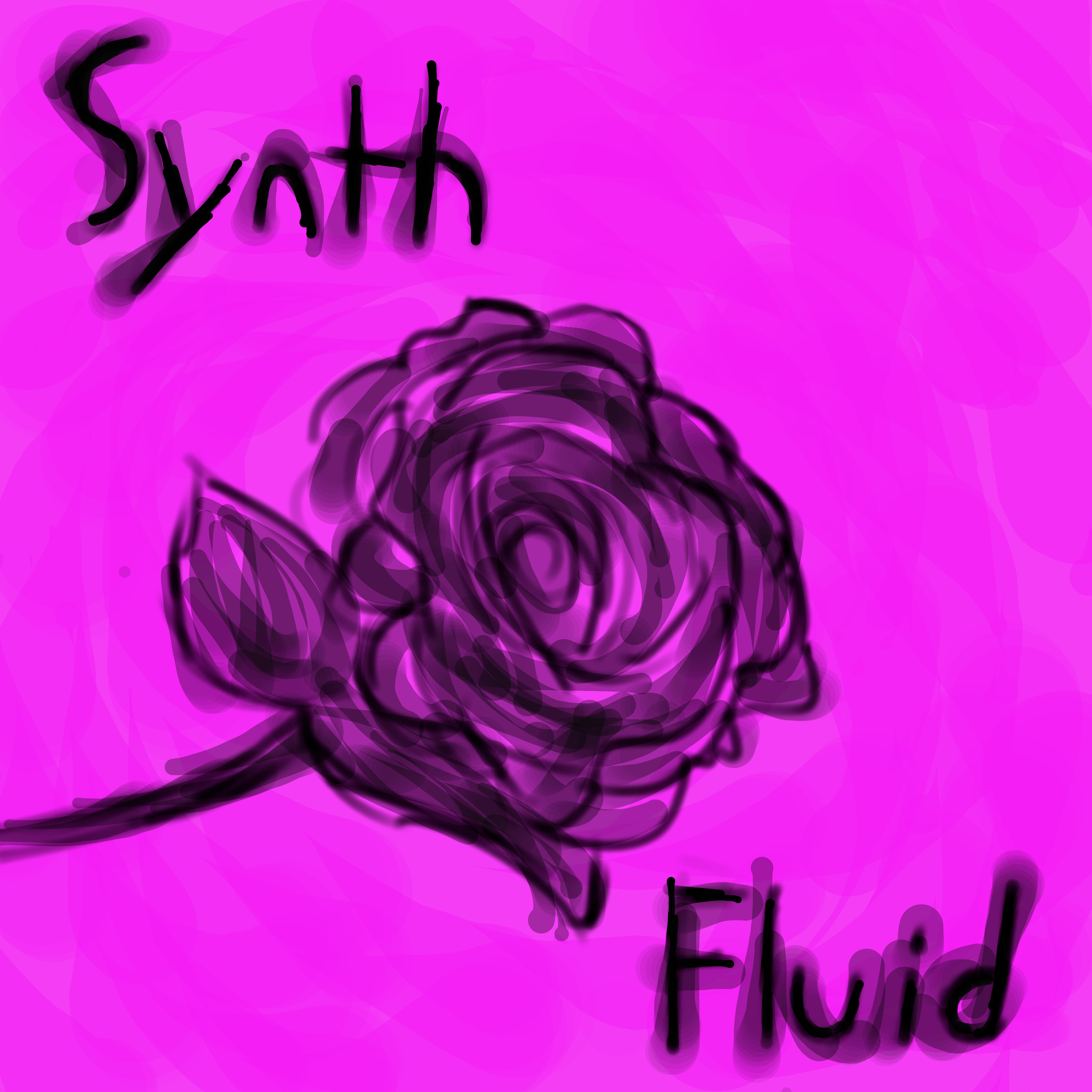 A digitally sketched and inked black rose, in between the text, "Synth Fluid." The background is a digitally painted pink.