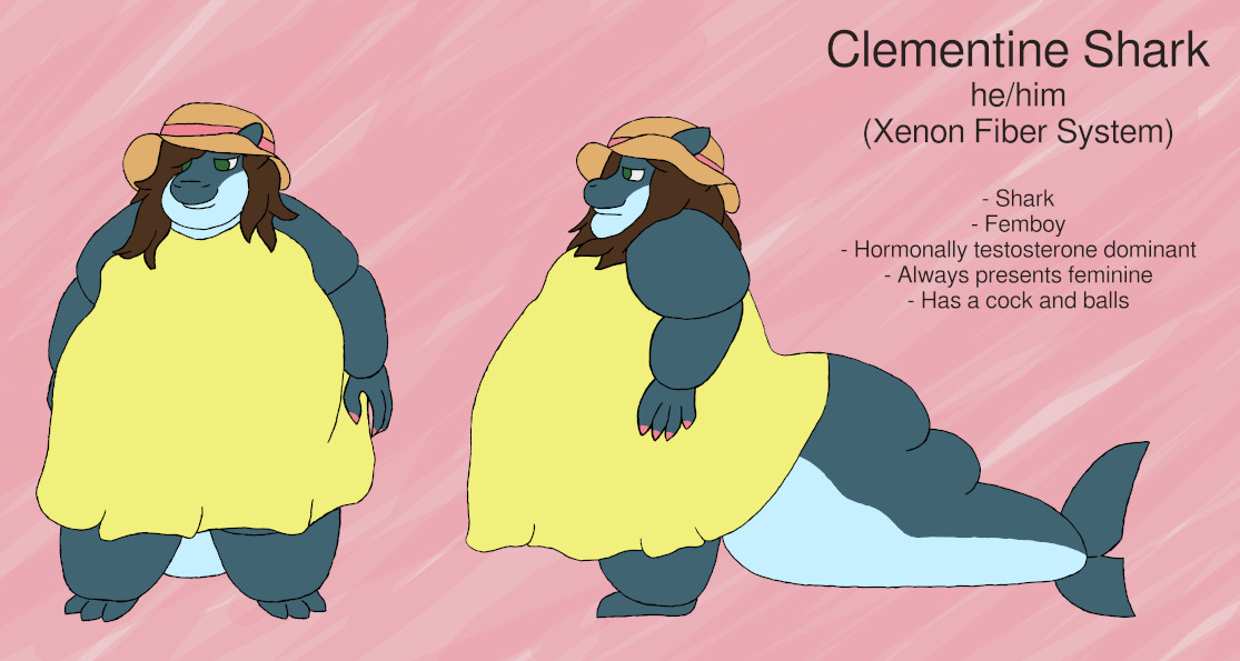 A very fat, femboy shark. He's wearing a sunhat and yellow sundress, and his claws are painted pink. He has long, pretty, brown hair, and green eyes. The text reads, "Clementine Shark. he/him. Shark. Femboy. Hormonally testosterone dominant. Always presents feminine. Has a cock and balls."