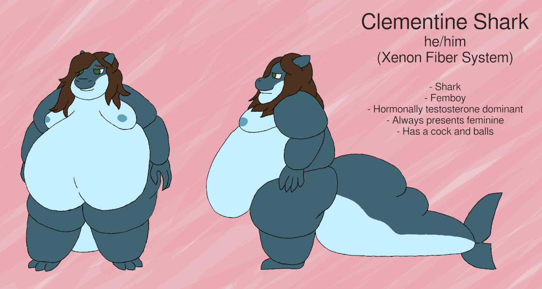 A very fat, femboy shark. He's completely nude. The text reads, "Clementine Shark. he/him. Shark. Femboy. Hormonally testosterone dominant. Always presents feminine. Has a cock and balls."