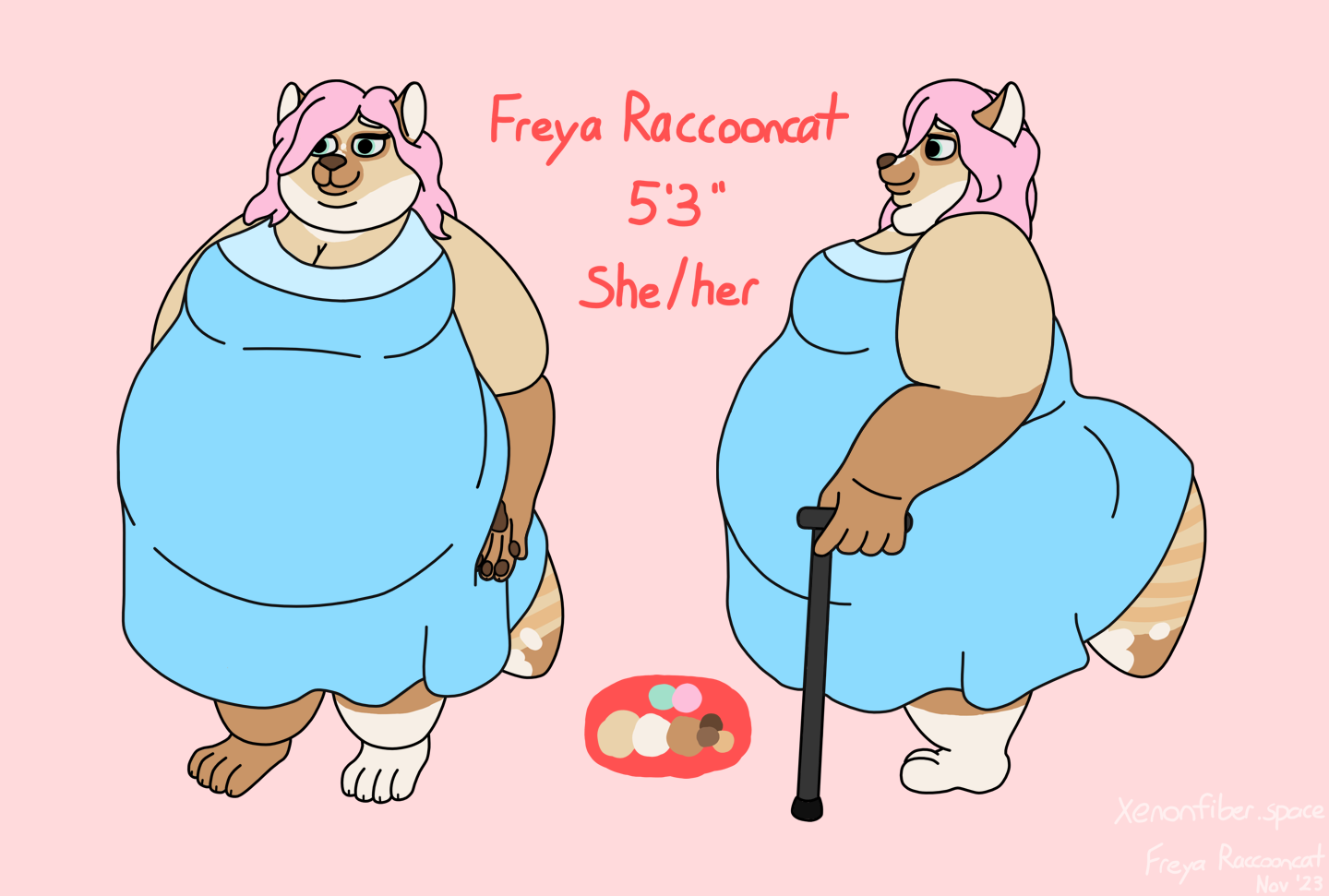 A reference sheet for a very fat, raccooncat lady. She's all kinds of creams and browns with pink hair. She's wearing a blue midi-dress and holding her cane. The text reads, "Freya Raccooncat, 5'3", she/her"