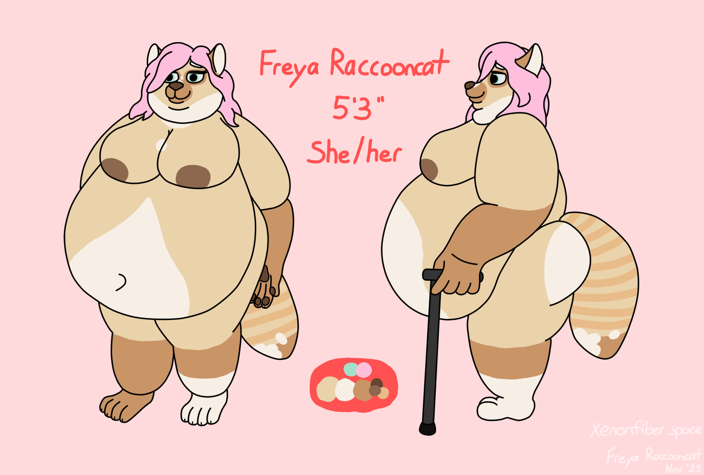 A reference sheet for a very fat, raccooncat lady. She's all kinds of creams and browns with pink hair. She's completely naked and holding her cane. The text reads, "Freya Raccooncat, 5'3", she/her"