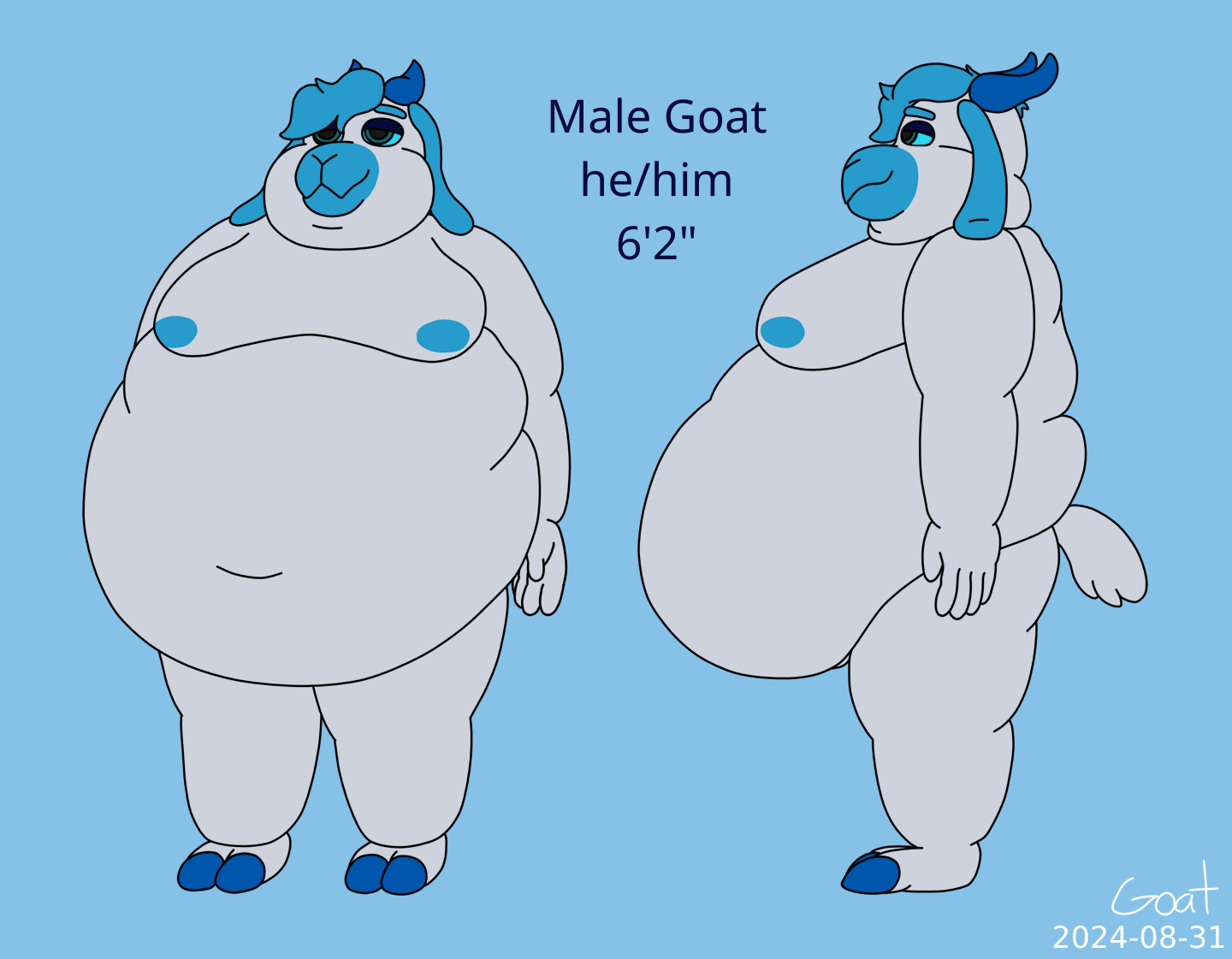 Front and side facing reference art of a very fat, middle heavy, male goat with white fur. His hair is a short flow of blue turned to his right, and his muzzle, floppy ears, and the nipples on his moobs are that same blue. He has deeper blue horns and cloven hooves. He's not wearing any clothes, and he looks very relaxed. The text reads, "Male Goat, he/him, 6 foot 2 inches"