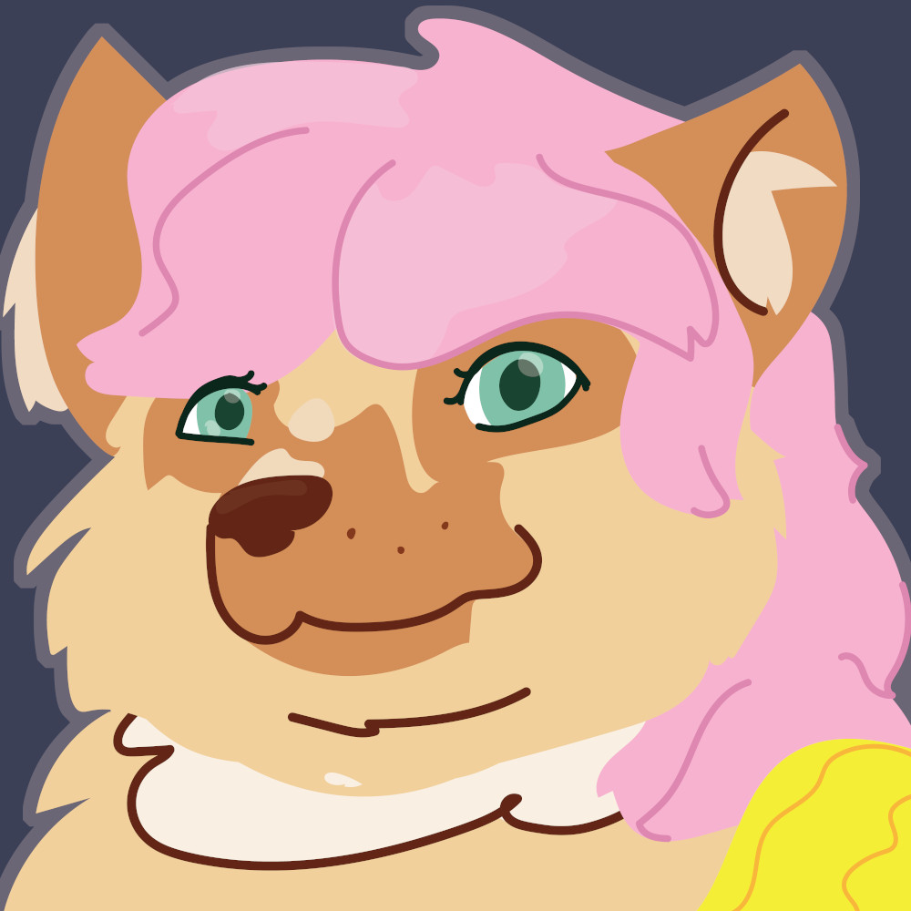 A headshot of a very fat, raccoon cat lady with cream fur and pink hair. She's happily looking at the camera.