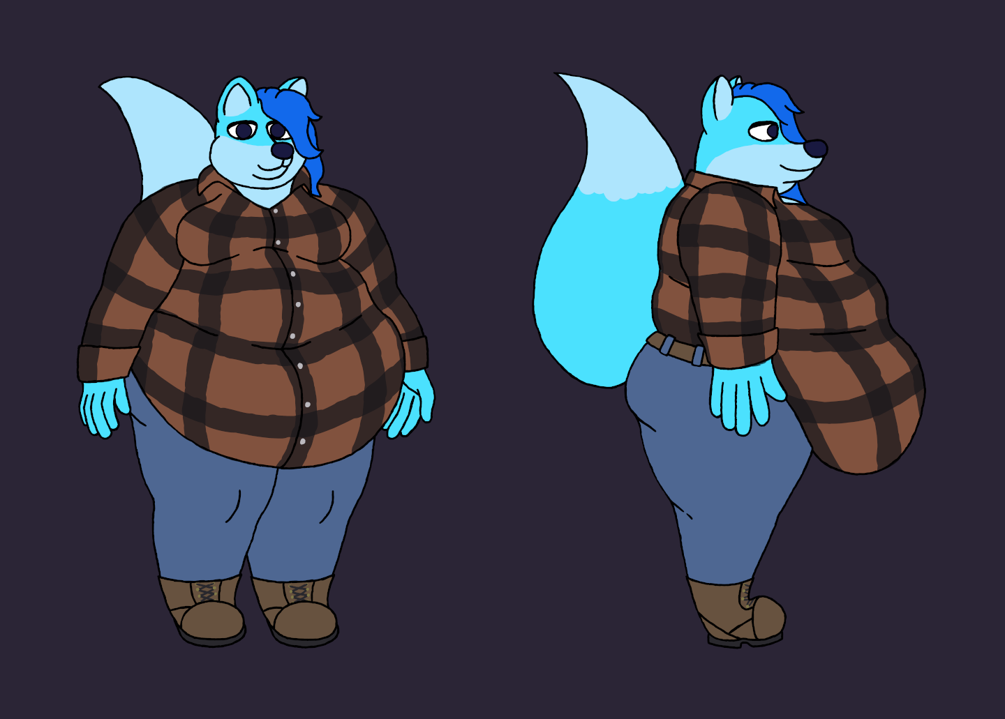 Front and side views of a very fat, blue slime fox. They're wearing a brown, tucked-in flannel, a brown belt, blue jeans, and brown boots. They have moobs, not boobs, which have never been estrogenated.