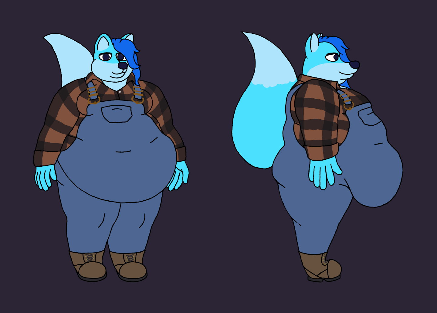 Front and side views of a very fat, blue slime fox. They're wearing a brown flannel under blue overalls and brown boots. They have moobs, not boobs, which have never been estrogenated.