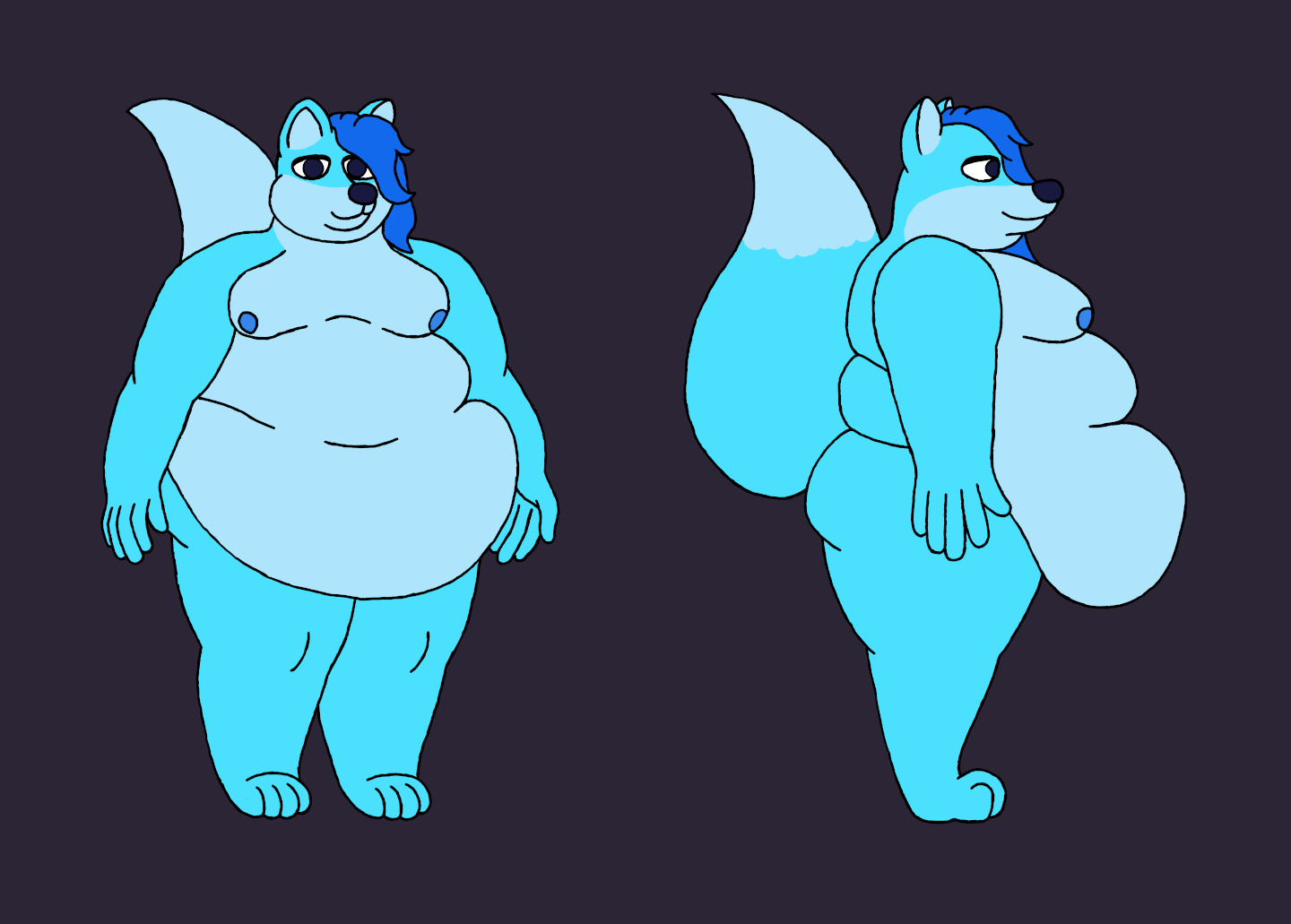 Front and side views of a very fat, blue slime fox wearing nothing. They have moobs, not boobs, which have never been estrogenated.